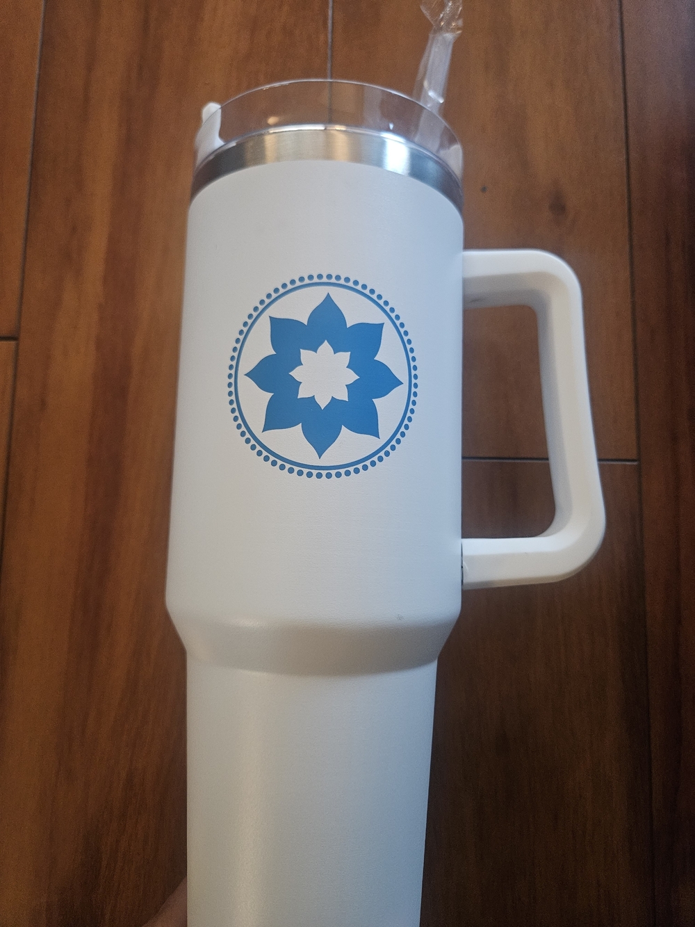 White Travel Tumbler Mug with Blue Mandala Emblem - Insulated Handle Cup